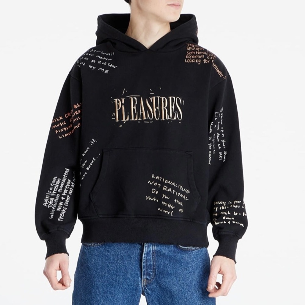 PLEASURES Now Graphic Print‎ Hoodie Black Graffiti Style Distressed Streetwear S